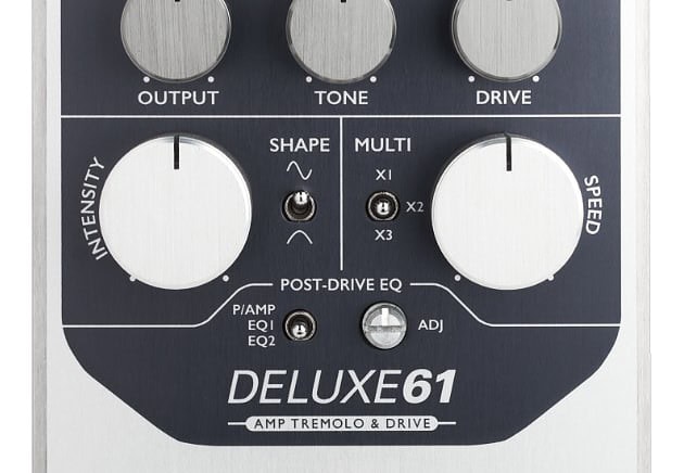 Image shows an Origin Effects Deluxe61 Amp Tremolo and Drive pedal.