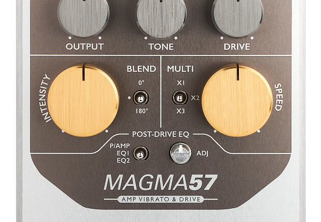 Image shows an Origin Effects Magma Amp Vibrato and Drive pedal.